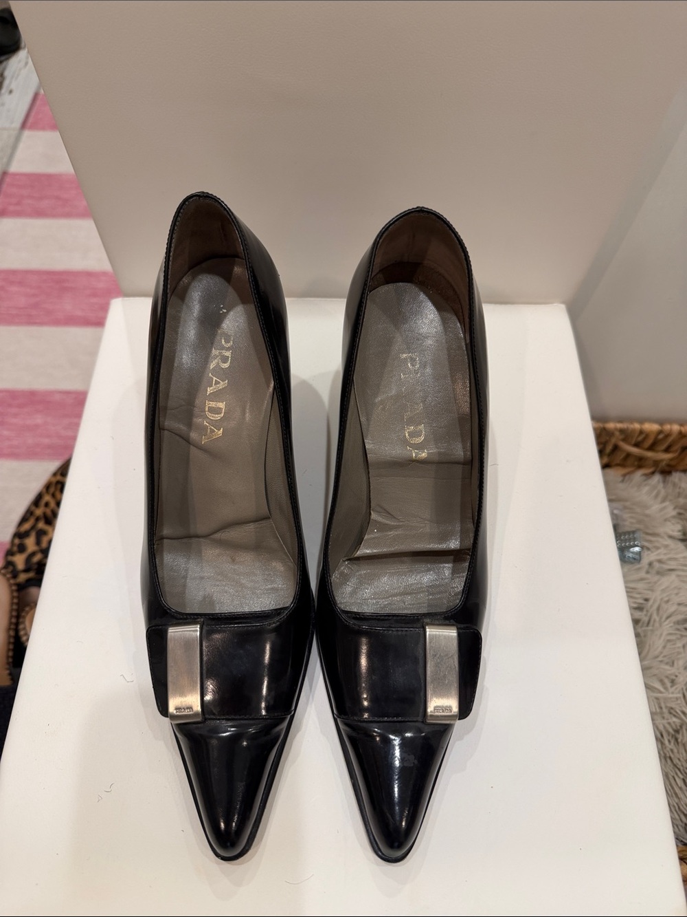 Prada Black Patent Pointed-Toe Pumps with Silver Buckle